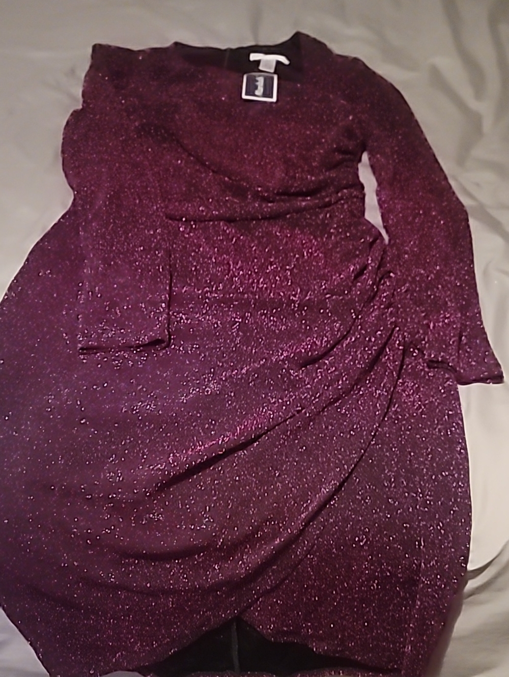 London Times Long-Sleeve Sparkle Dress in Plum